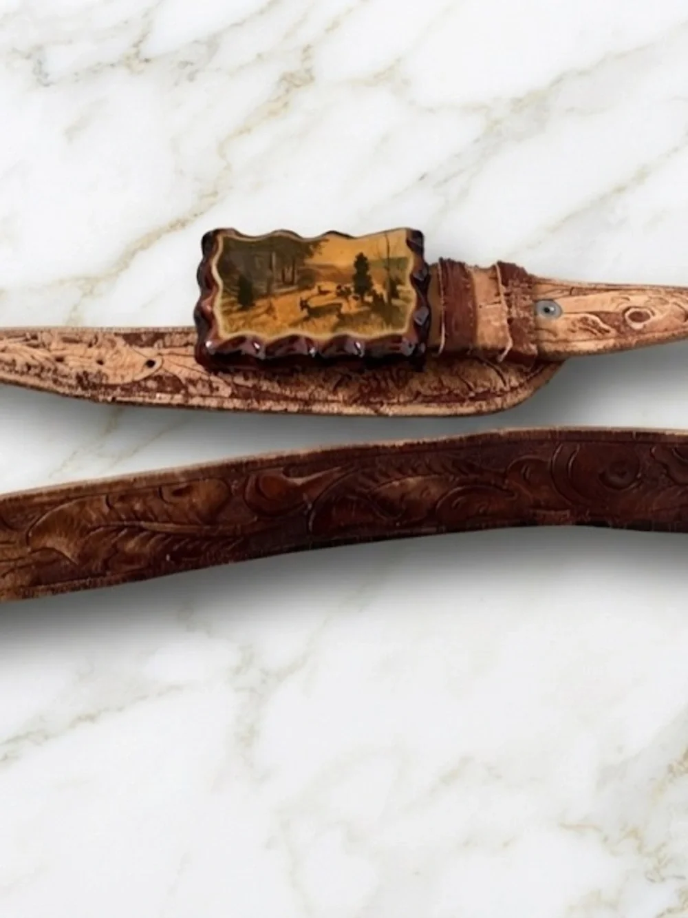 Vintage Tooled Leather Belt • Handmade Wood Resin Deer Buckle • Boho Western